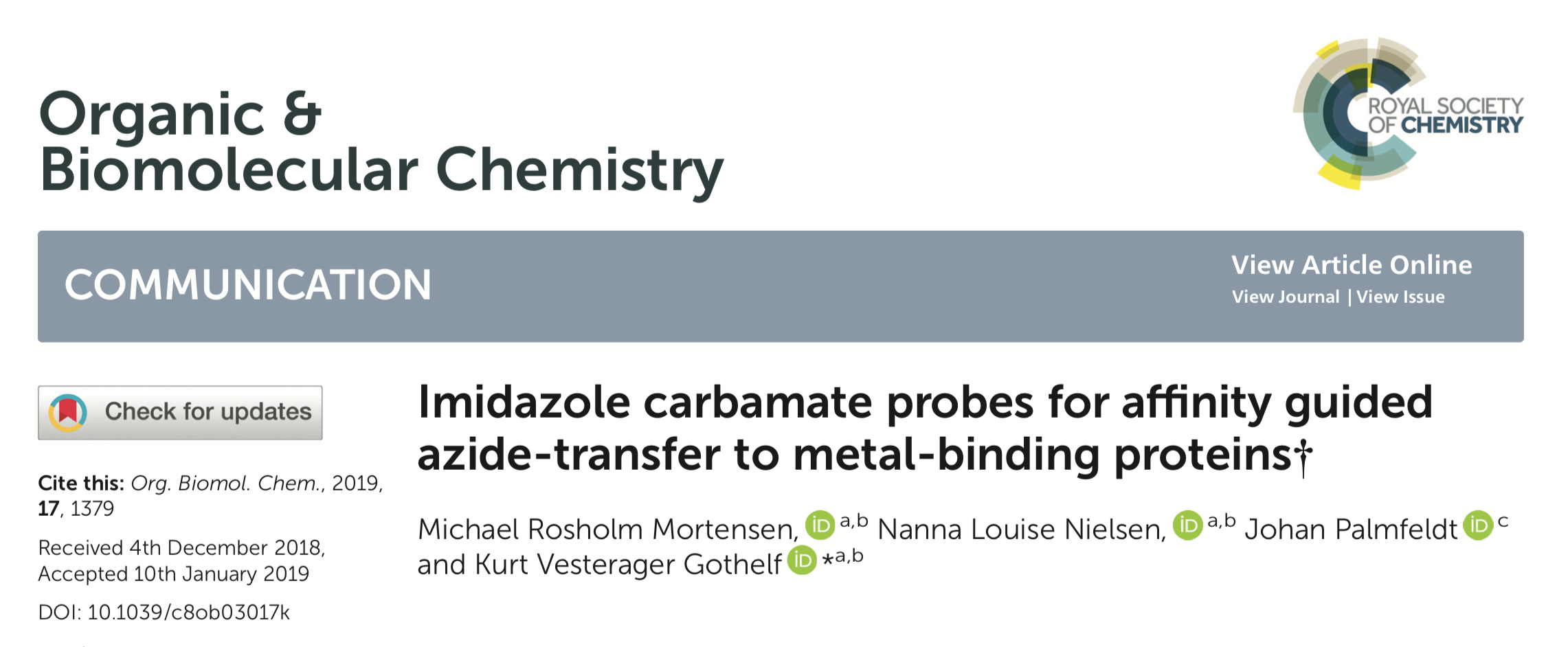 Screenshot from the article "Imidazole Carbamate Probes for Affinity Guided Azide-Transfer to Metal-Binding Proteins" published in the journal Organic and Biomolecular Chemistry.