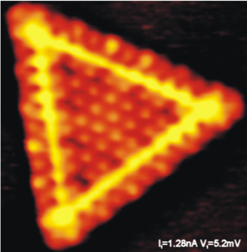 Atomically resolved STM image of a triangular single-layer MoS2 nanocluster on Au(111). Image by Assoc. Prof. Jeppe Vang Lauritsen, iNANO.