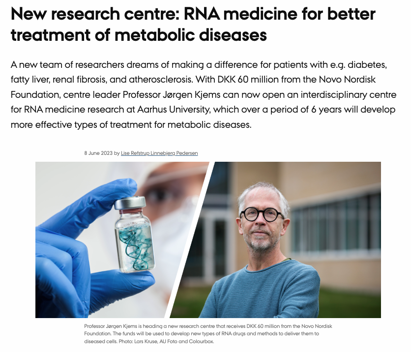 Press release on RNA-META a new research centre on RNA medicine for better treatment of metabolic diseases.
