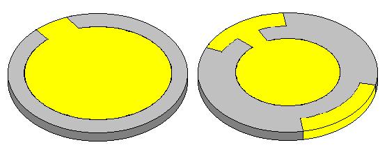 QCM crystal. Grey=quartz, yellow=metallic electrodes.