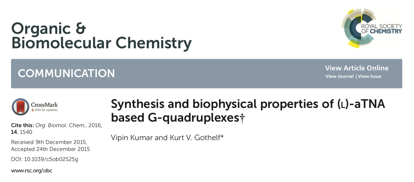 Screenshot from the article "synthesis and biophysical proterties of (L)-aTNA based G-quadruplexes" published in Organic & Biomolecular Chemistry