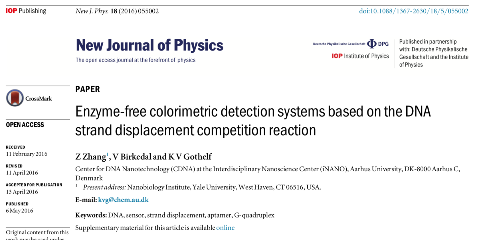 Screenshot of the article "Enzyme-free colorimetric detection systems based on the DNA strand displacement competition reaction" published in the New Journal of Physics