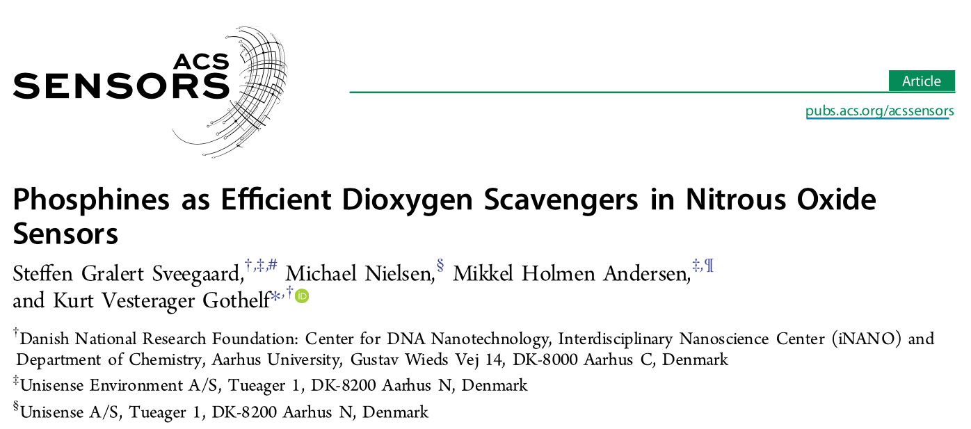 Screenshot of the article Phosphines as efficient dioxygen scavengers in nitrous oxide sensors published in ACS Sensors