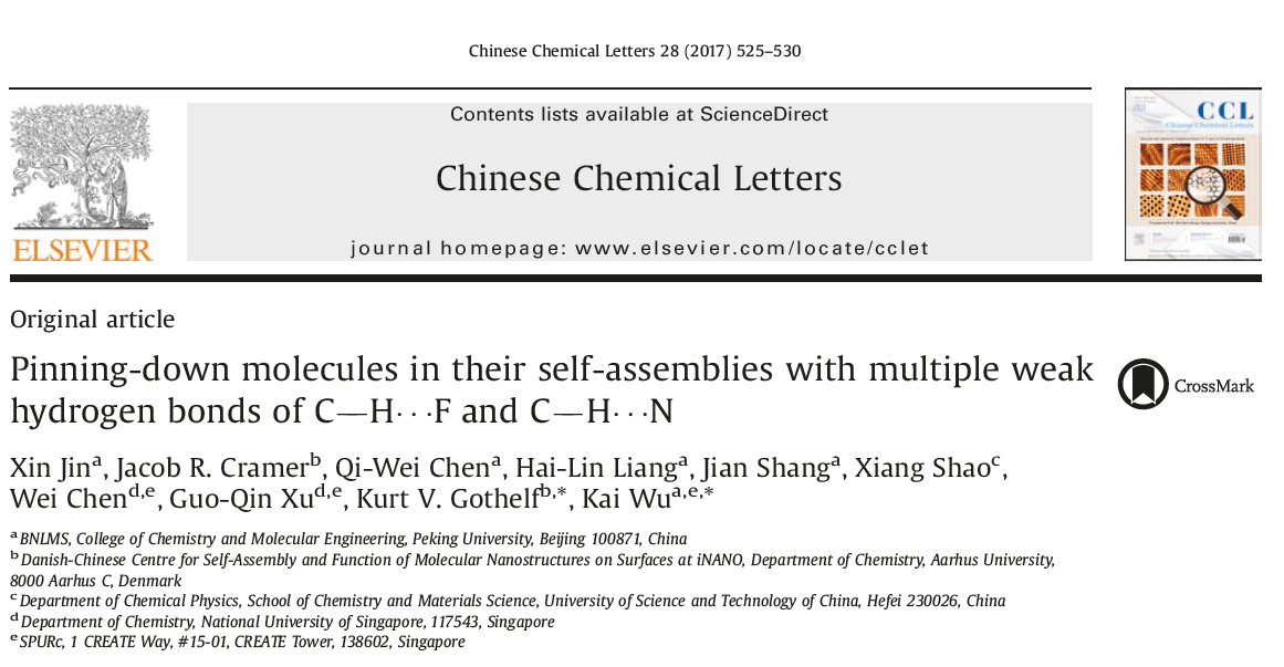 Screenshot of the article "Pinning-down molecules in their self-assemblies with multiple weak hydrogen bonds of C-H...F and C-H...N" in the journal Chinese Chemical Letters