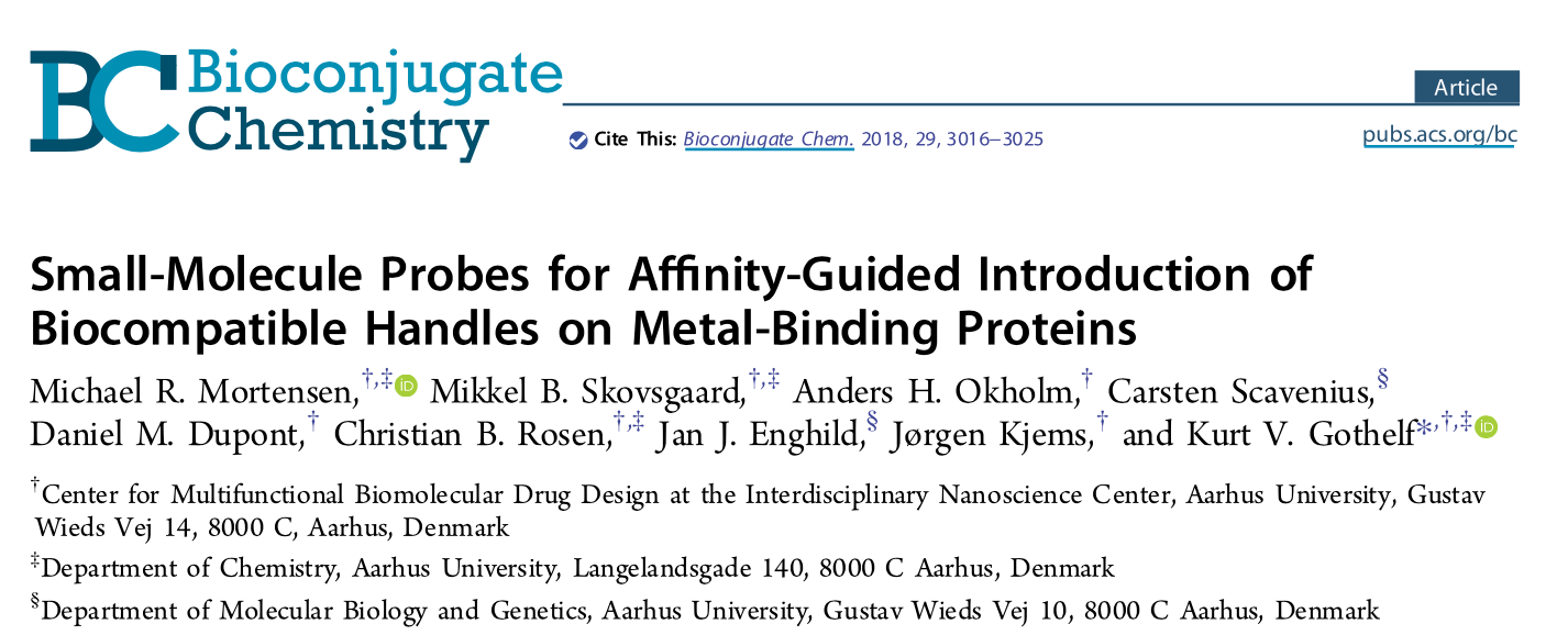 Screenshot of the article Small-molecule probes for affinity-guided introduction of biocompatible handles on metal-binding proteins published Bioconjugate Chemistry