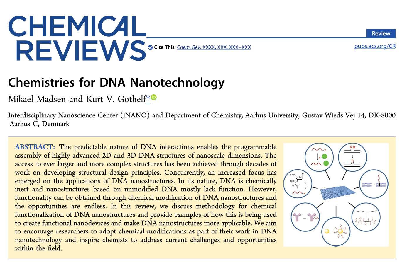 Screenshot of the title from the article Chemistries for DNA nanotechnology published in Chemical Reviews